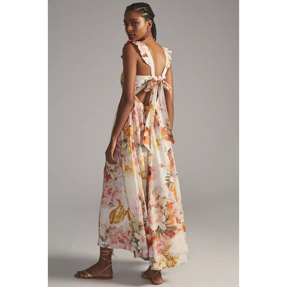 Anthropologie Maeve Floral Ruffle Strap Tiered Maxi Sun Dress Women Large Yellow